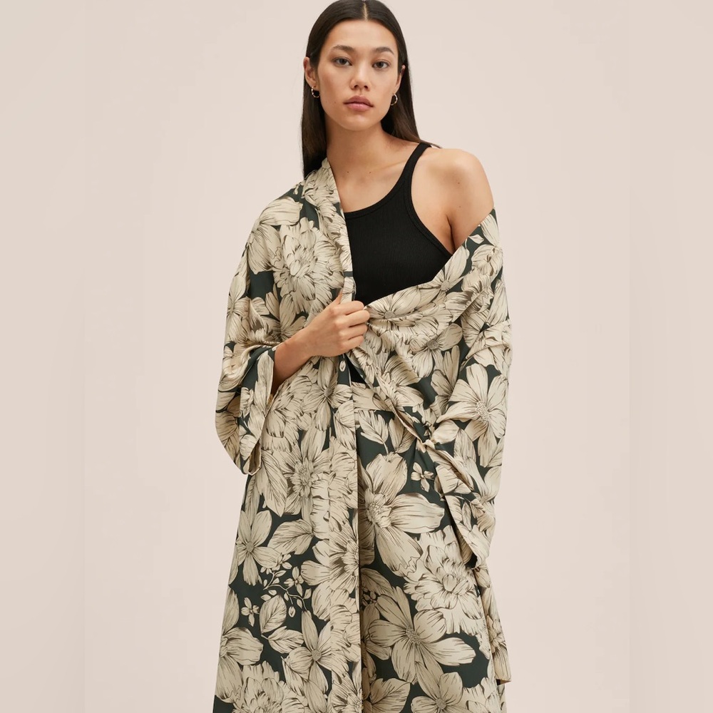 mango green floral print set kimono robe & pants wide leg printed trousers